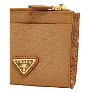 Prada Saffiano Caramel Brown Leather Zip Card Holder